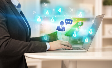 Businessman working on laptop with new business