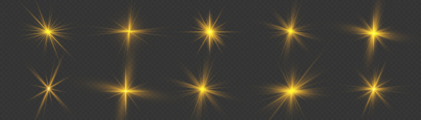 Golden light flare effect with stars, sparkles and glitter. Yellow glowing lights explodes on transparent background. Shiny glow star with stardust, gold lens flare. Sun flash with rays. Vector.