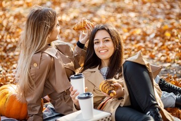 Two girls making picnic on a blanket in autumn park