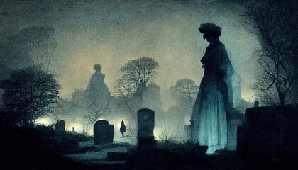Fototapeta premium Gloomy dark landscape, old Victorian photo style. Ghosts in abandoned church ruins. 3D illustration.