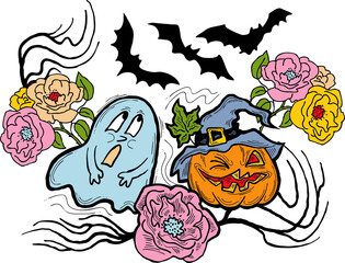 Halloween decorative design composition with pumpkin. ghost, bat. Hand drawn illustration for poster print, party invitation, sale promotion, banner advertisement. Funny, scary cartoon characters.