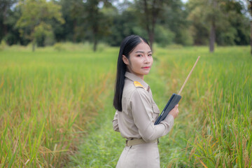 Naklejka na ściany i meble Thai rural teacher in rice field,Portrait of asian woman on field,countryside thailand.