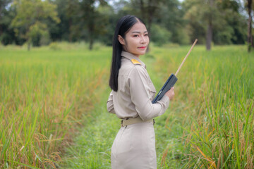 Thai rural teacher in rice field,Portrait of asian woman on field,countryside thailand.
