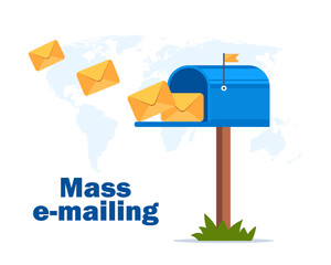 Mass e-mailing concept illustration with envelopes flying to blue post box on world map background. Vector illustration.
