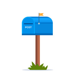 Mailbox with a closed door and raised flag. Blue post box, isolated on white background. Vector illustration.