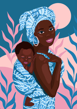 Ethnic background with african woman, mother and child vector poster