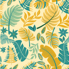 Fototapeta na wymiar Tropical flowers Mid-Century Modern Art Future Abstract and artistic palm leaves on background. Seamless. Vector pattern.