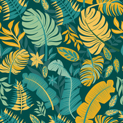 Tropical flowers Mid-Century Modern Art Future Abstract and artistic palm leaves on background. Seamless. Vector pattern.