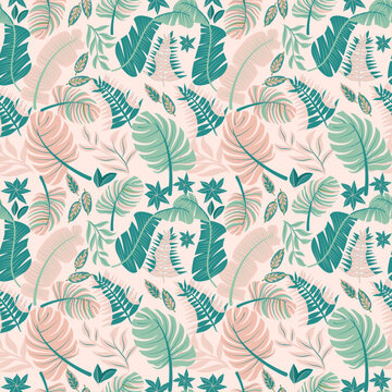 Tropical flowers Mid-Century Modern Art Future Abstract and artistic palm leaves on background. Seamless. Vector pattern.