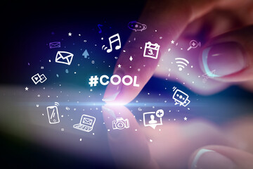 Finger touching tablet with social media icons concept concept