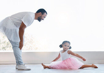 Ballerina girl, father and daughter dancing for fun and learning ballet dance and bonding at home....