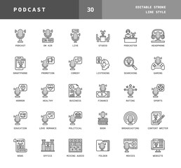 Fototapeta na wymiar Podcast line style icons. Editable stroke and pixel perfect. Set of studio, business, finance, comedy, horror, and more. Can used for digital product, presentation, UI and many more.