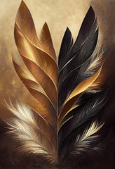 Abstract illustration of feathers with gold, copper, silver and black tones.  Created with generative ai technology