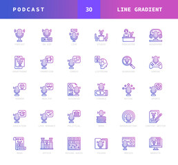 Podcast line gradient style icons. Set of studio, business, finance, comedy, horror, and more. Can used for digital product, presentation, UI and many more. Vector illustration on a white background.