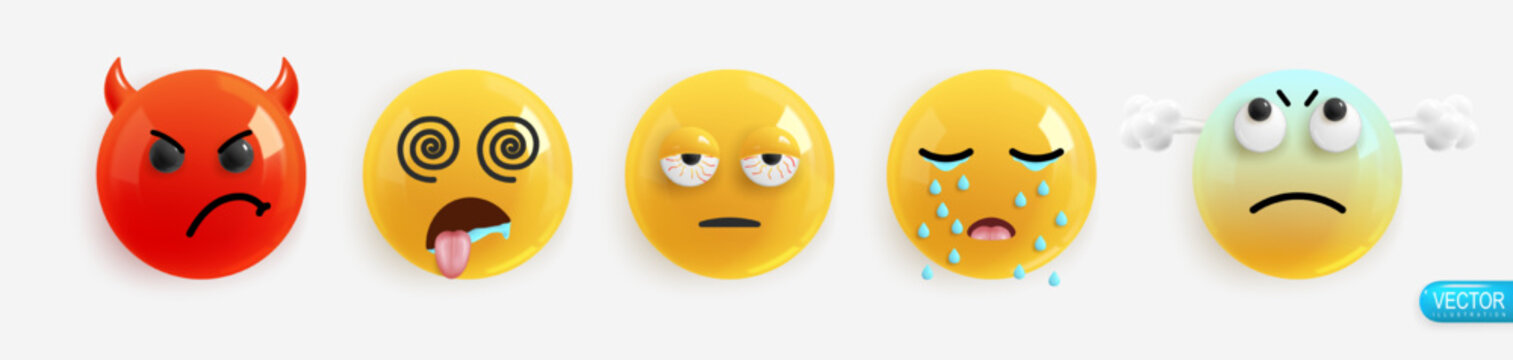 Emotion Realistic 3d Render. Set Icon Smile Emoji. Emotions face evil, tongue out and drooling, tired, tears, steam from ears. Vector yellow glossy emoticons. Pack 20