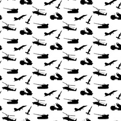 Silhouettes War Transport Seamless Pattern. Vector Illustration of Army Background.