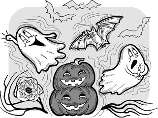 Halloween decorative design vector composition. Pumpkin. ghost, bat. Hand drawn illustration for poster print, party invitation, sale promotion, banner advertisement. Funny, scary cartoon characters.