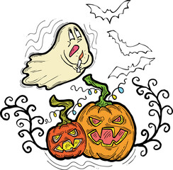 Halloween decorative design vector composition. Pumpkin. ghost, bat. Hand drawn illustration for poster print, party invitation, sale promotion, banner advertisement. Funny, scary cartoon characters.