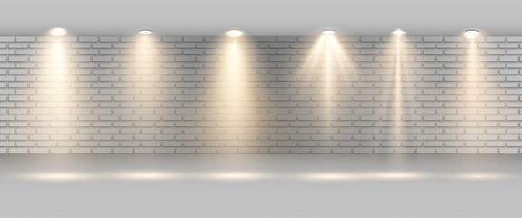  Set of spotlight shines on the stage, scene, podium. Bright lighting with spotlights. Spot lighting of the stage. Lens flash light effect from a lamp or spot. 
