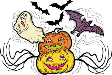 Halloween decorative design vector composition. Pumpkin. ghost, bat. Hand drawn illustration for poster print, party invitation, sale promotion, banner advertisement. Funny, scary cartoon characters.