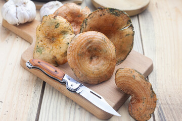 N&iacute;scalos frescos sobre la mesa y en una tabla de corte con cabezas de ajo. Robell&oacute;n