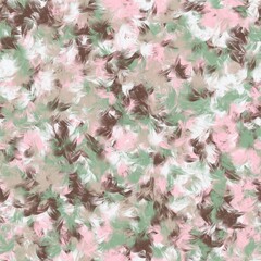 Pink, green, brown and white chaotic brush strokes. Bird feather imitation. Seamless pattern.