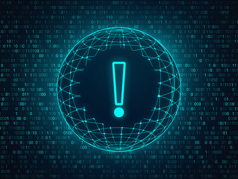 Exclamation mark symbol on a background of a virtual world.