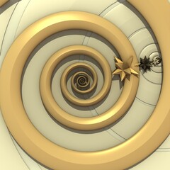 Concentric yellow spiral with the stars on the beige background. 3d illustration, 3d rendering