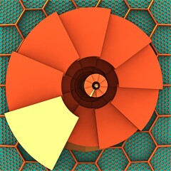Fototapeta premium Abstract spiral staircase, honeycomnb background. Orange, yellow and green colors. 3d object, 3d rendering, 3d illustration