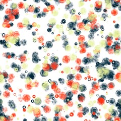 Watercolor painted circles. Blue, orange and yellow colors on the white background. Seamless pattern for wrapping, textile, print.