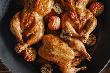 Roasted whole chicken with backed apples and garlic  in iron cast pan