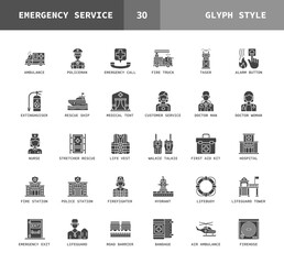 Emergency Services glyph style icons. Set of ambulance, firefighter, policeman, medical and more. Can used for digital product, presentation, UI and more. Vector illustration on a white background.