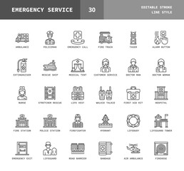 Emergency Services line style icons. Editable stroke and pixel perfect. Set of ambulance, firefighter, policeman, medical and more. Can used for digital product, presentation, UI and more.