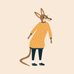 Funny kangaroo in yellow pullover hand drawn vector illustration. Cute isolated animal character in flat style for kids alphabet. The letter "K".
