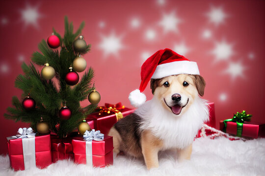 Dog celebrating christmas. Puppy santa claus. Cute  puppy with christmas gifts and santa's hat
