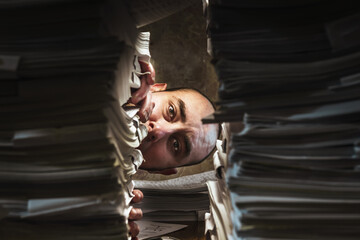 the face of a tired clerk, peeks out of the bundle of documents.in the style of horror