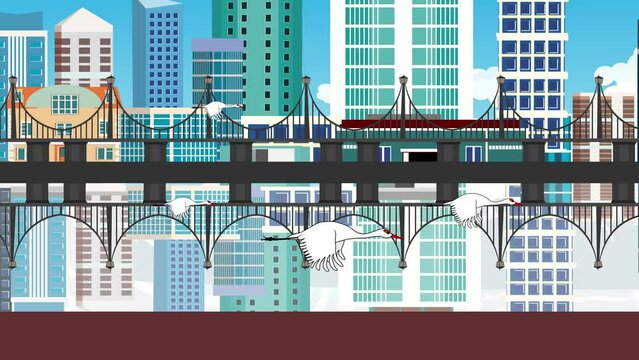 White gooses flying over river near  city. 2d animation