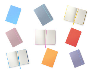 Set with multicolor notebooks on white background, top view
