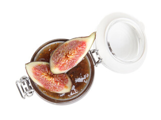 Glass jar of tasty sweet fig jam isolated on white, top view