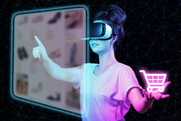 A young woman in VR glasses choice clothes at internet shop point at digital screen, holding neon...