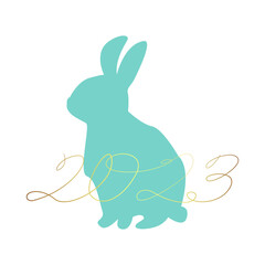 Blue silhouette of a rabbit and calligraphic inscription 2023 in gold color. Little bunny as a symbol of the New Year. Vector illustration for the holiday