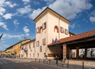 Villafranca Piemonte, Turin, Piedmont Italy - September 23, 2022: Via Roma with the town hall in the days of the fisherman's festival