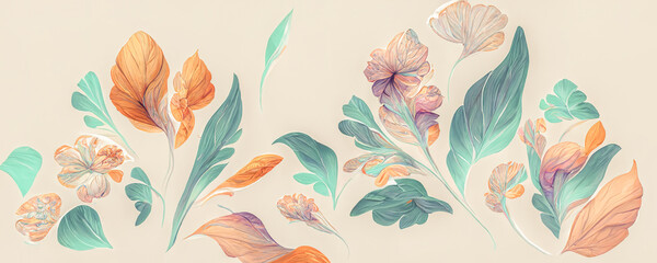 Spectacular pastel template of flower designs with leaves and petals. Natural blossom artwork features with multicolor and shapes. Digital art 3D illustration. Pale and light color. - obrazy, fototapety, plakaty