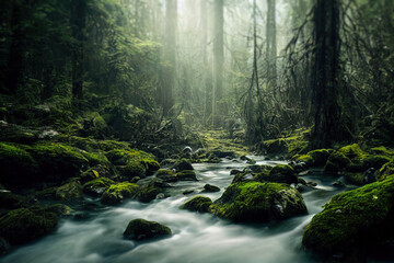 Obraz premium Wonder Large wide cascading waterfall in the forest, water flows down the mountainside river,stream,climate change concept. background. 3d illustration