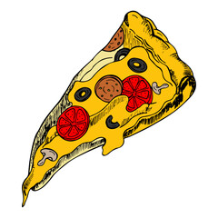 Pizza with mushrooms, tomato paste, cheese, tomatoes, cheese and olives. A slice of pizza on a white background. Vector drawing drawn by hand