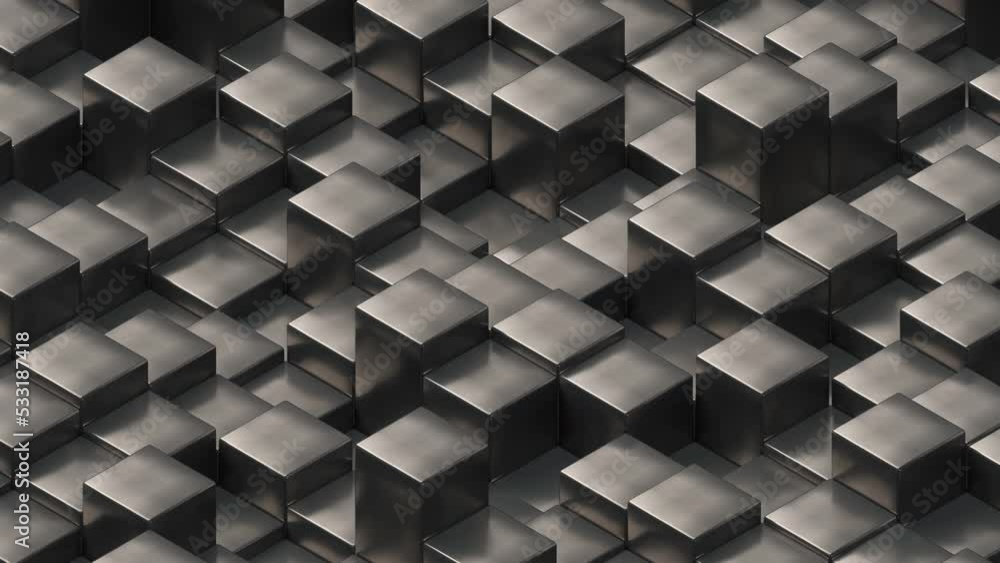 Poster abstract evolving metal cubes random motion 3d animation, 4k seamlessly looping background