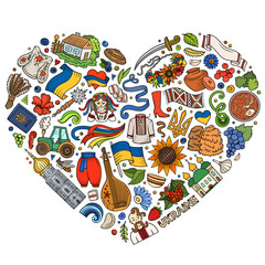 Set of Ukraine cartoon doodle objects, symbols and items
