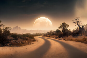 A full moon shines down on a deserted road. 