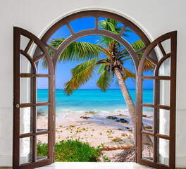 wooden open door arch exit to the beach caribbean dominican republic
