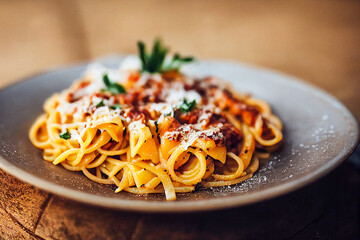 pasta, spaghetti, with cheese, on a wooden table, rustic style, healthy food, farm